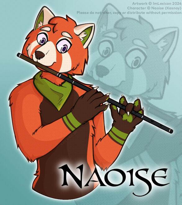 An anthropomorphic red panda playing a flute.
