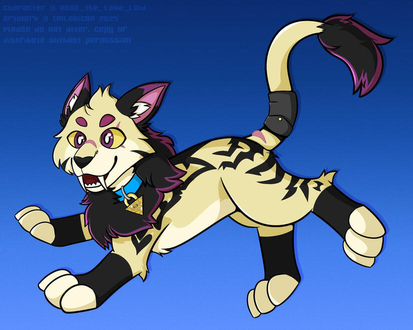 A fullbody drawing of Yugi, a cream/black/violet Varwolf (Neopets) wearing a blue collar with the Millennium Puzzle, in an active leaping pose.