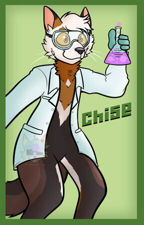 An anthro pine marten in scientist attire holding a beaker.