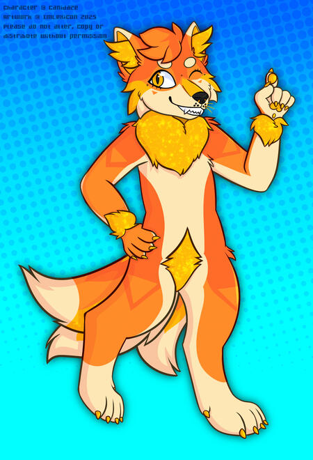 An orange/gold/cream three-tailed kitsune winking and striking a pose on a blue halftone background.