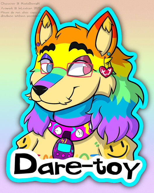 A bustshot of Dare-toy, an anthropomorphic Rainbow Lupe (Neopets) with glasses and brightly-colored attire.
